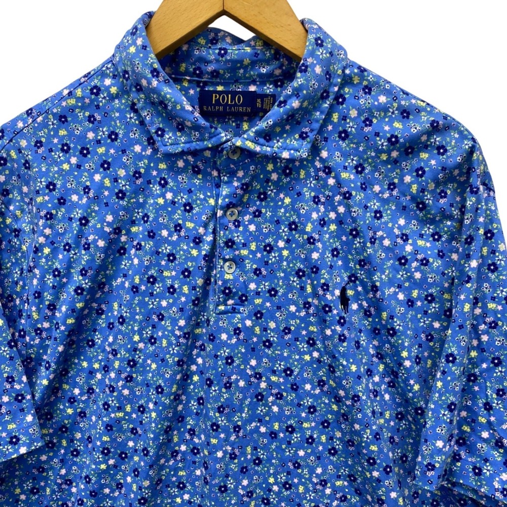 Polo Ralph Lauren Polo Shirt Mens XL Blue Floral Ditsy Print Short Sleeve Cotton